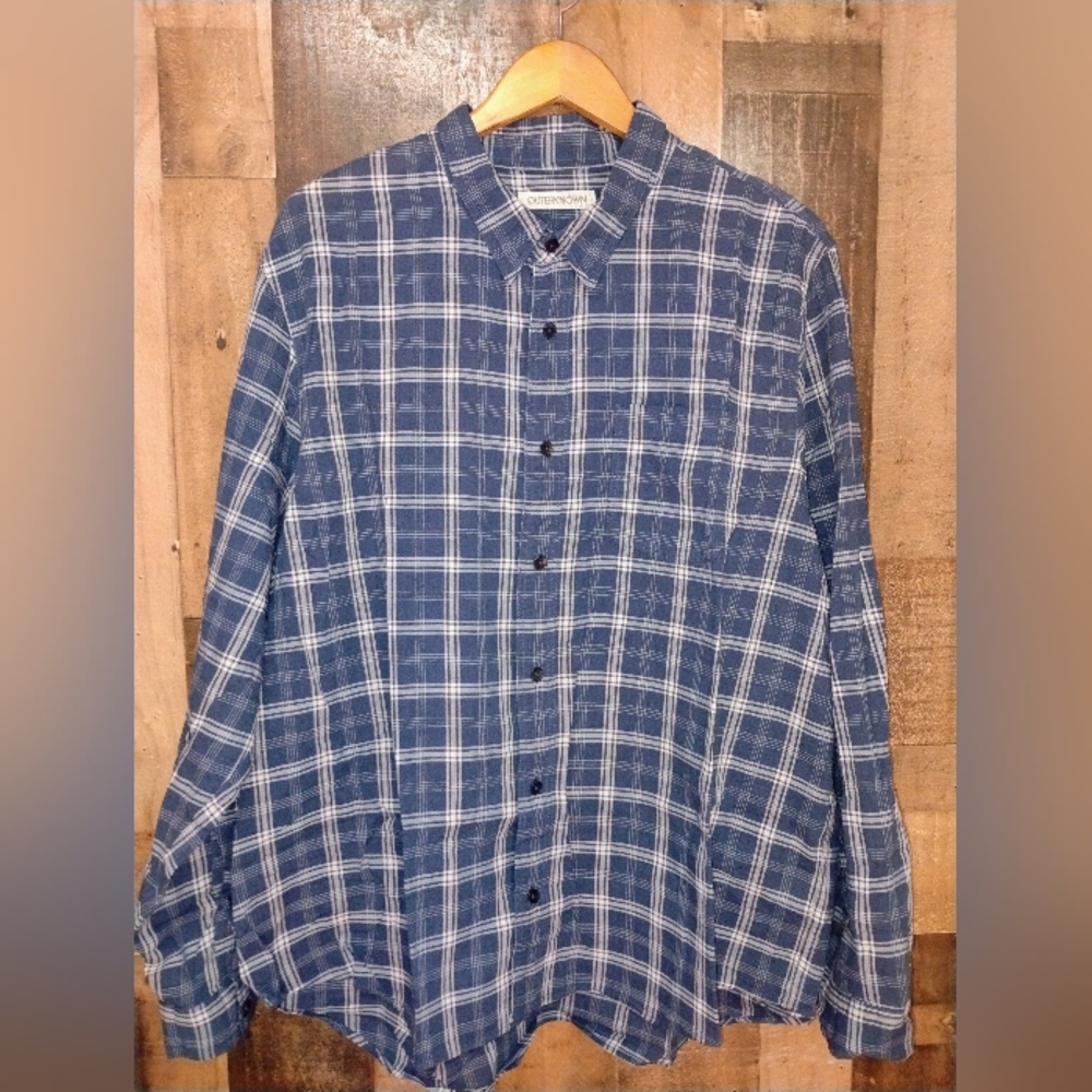 Outerknown Organic Cotton Blue Plaid Men's Shirt Long Sleeve Button Up Size XXL
